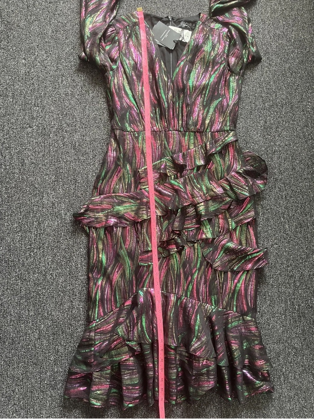 Saloni Alya Black Rainbow Jacquard Metallic Ruffle Midi Dress US 8 UK 12 Medium - Picture 7 of 10